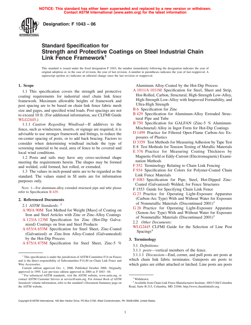 ASTM F1043-06 - Standard Specification for Strength and Protective Coatings on Steel Industrial Chain Link Fence Framework