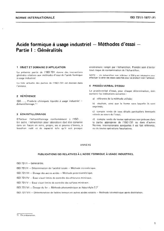 ISO 731-1:1977 - Acide formique a usage industriel -- Méthodes d'essai