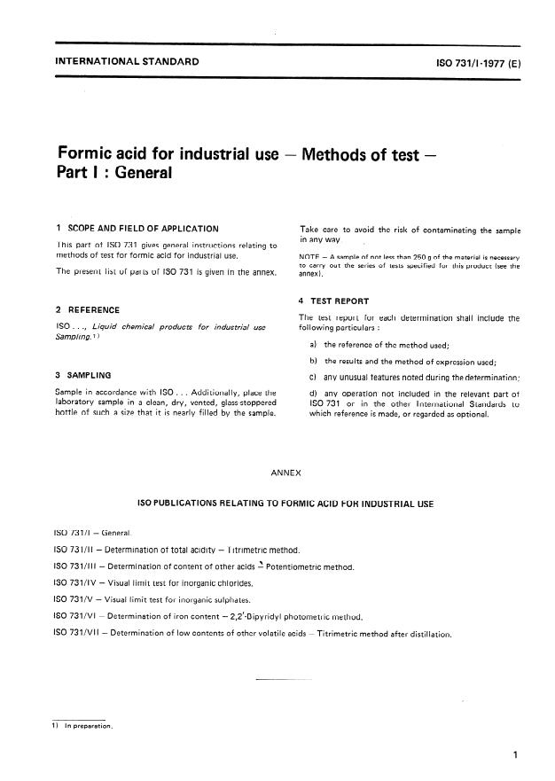 ISO 731-1:1977 - Formic acid for industrial use -- Methods of test