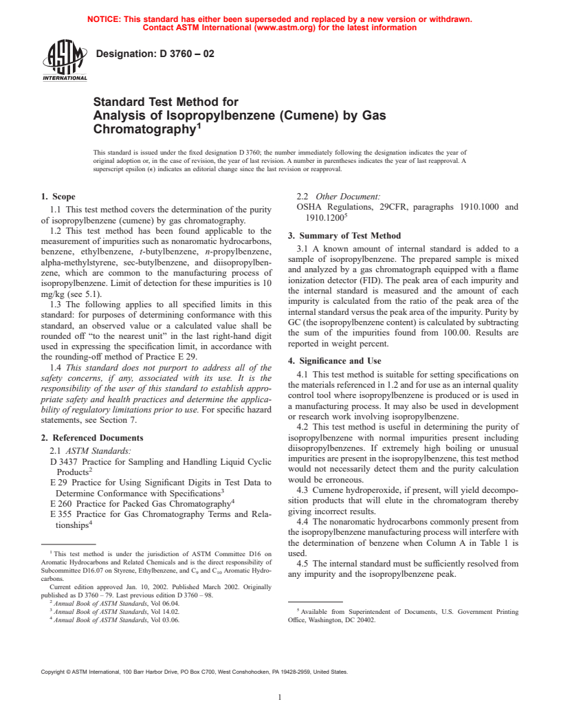 ASTM D3760-02 - Standard Test Method for Analysis of Isopropylbenzene (Cumene) by Gas Chromatography