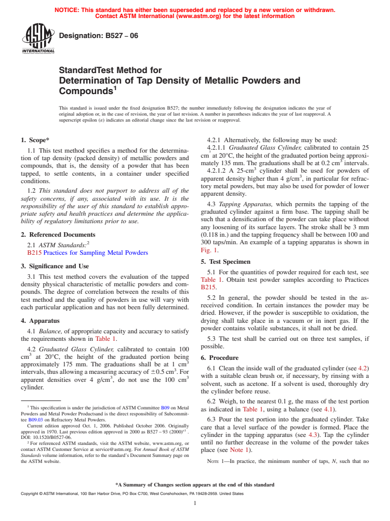 ASTM B527-06 - Standard Test Method for Determination of Tap Density of Metallic Powders and Compounds