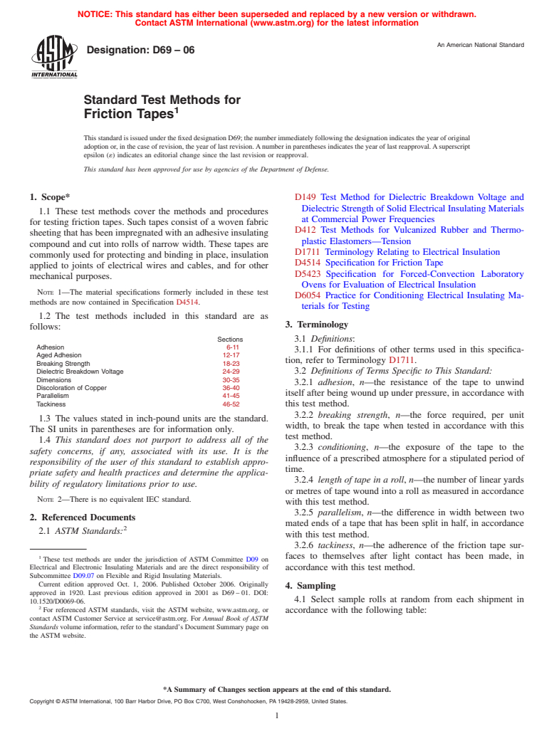 ASTM D69-06 - Standard Test Methods for Friction Tapes