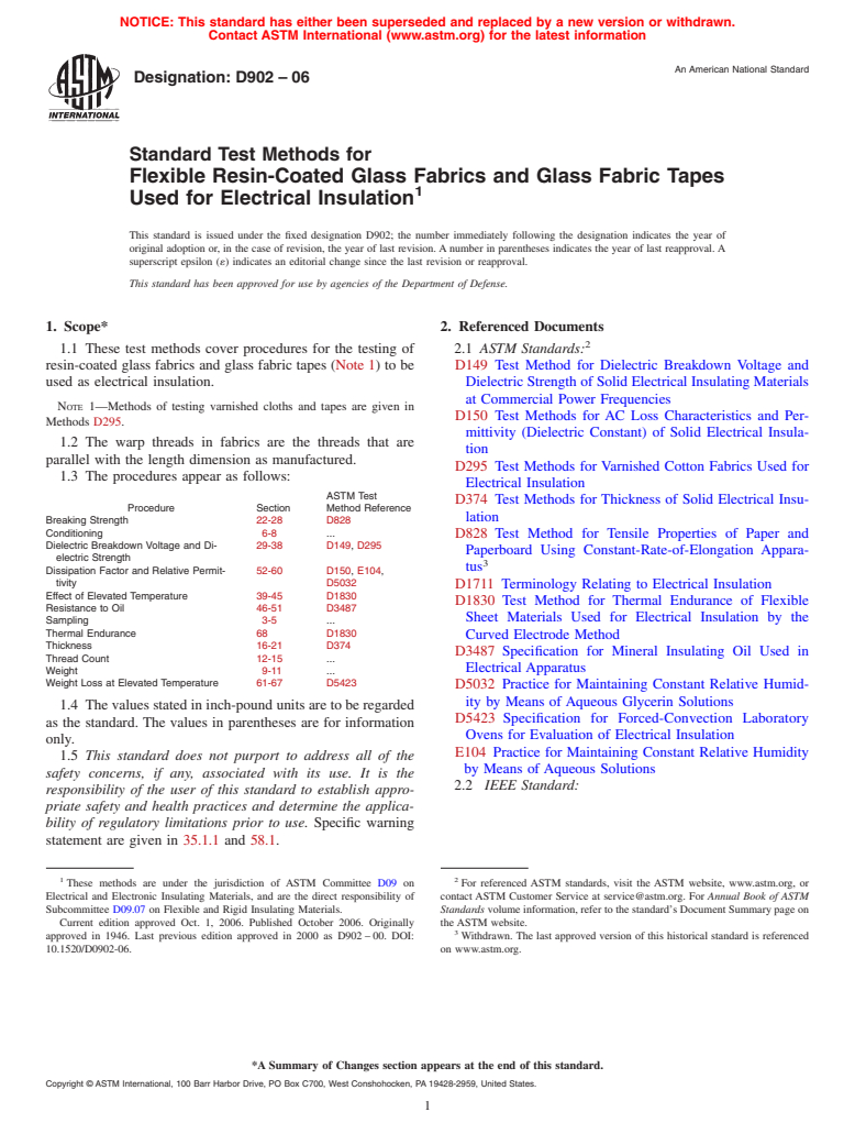 ASTM D902-06 - Standard Test Methods for Flexible Resin-Coated Glass Fabrics and Glass Fabric Tapes Used for Electrical Insulation