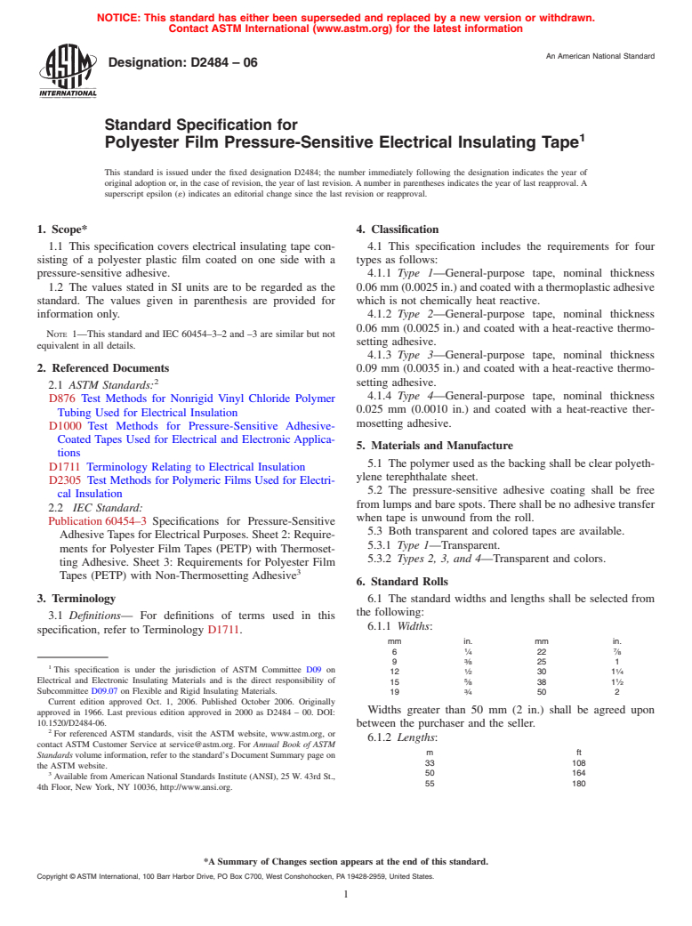 ASTM D2484-06 - Standard Specification for Polyester Film Pressure-Sensitive Electrical Insulating Tape