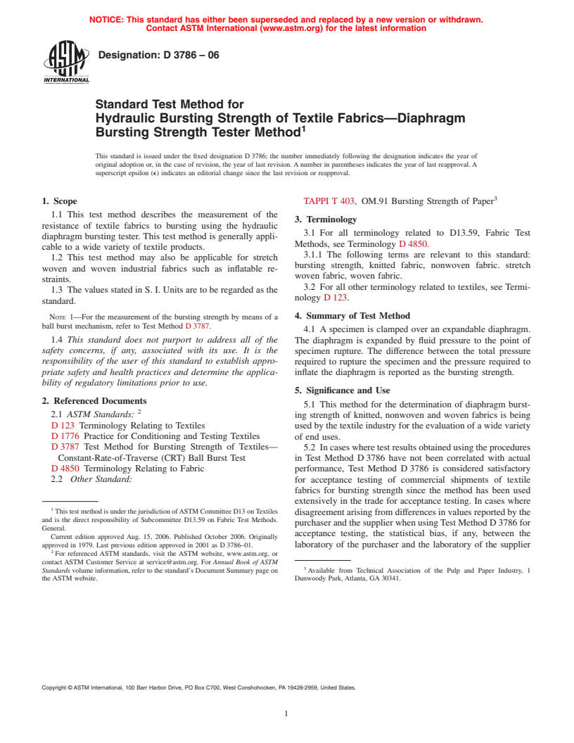 ASTM D3786-06 - Standard Test Method for Hydraulic Bursting Strength of Textile Fabrics-Diaphragm Bursting Strength Tester Method