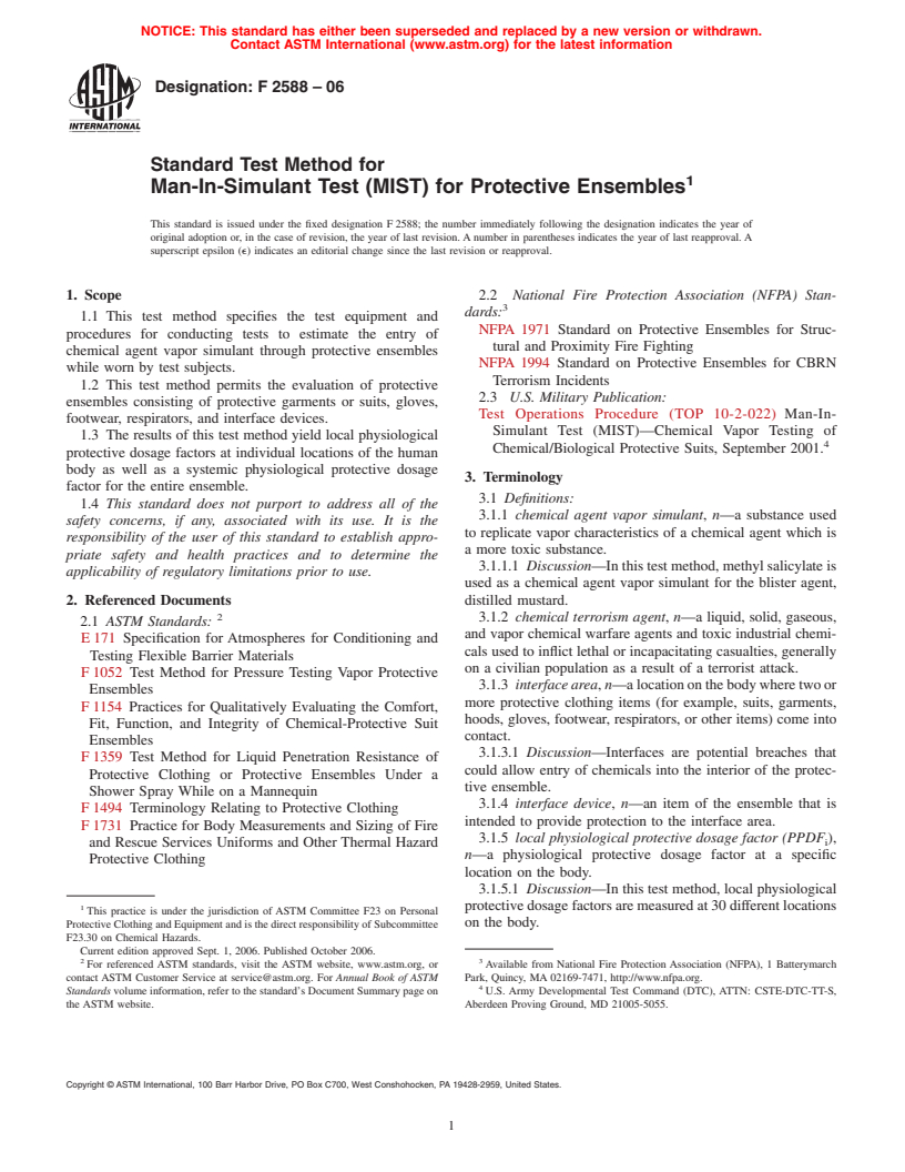 ASTM F2588-06 - Standard Test Method for Man-In-Simulant Test (MIST) for Protective Ensembles