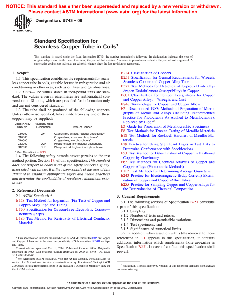 ASTM B743-06 - Standard Specification for Seamless Copper Tube in Coils