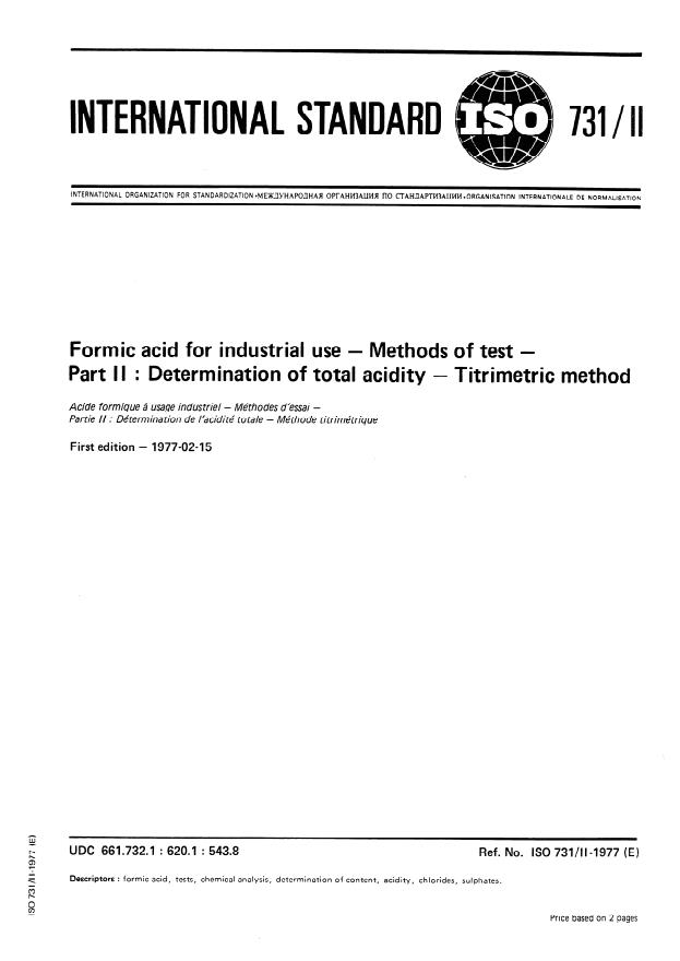 ISO 731-2:1977 - Formic acid for industrial use -- Methods of test