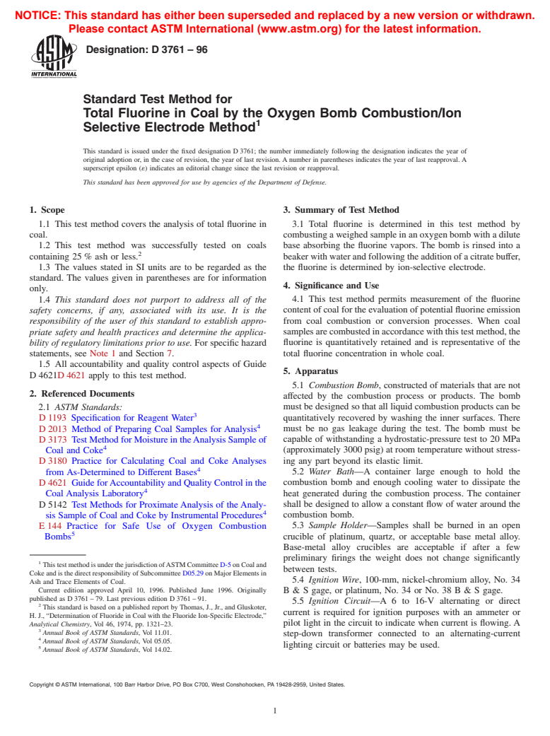 ASTM D3761-96 - Standard Test Method for Total Fluorine in Coal by the Oxygen Bomb Combustion/Ion Selective Electrode Method