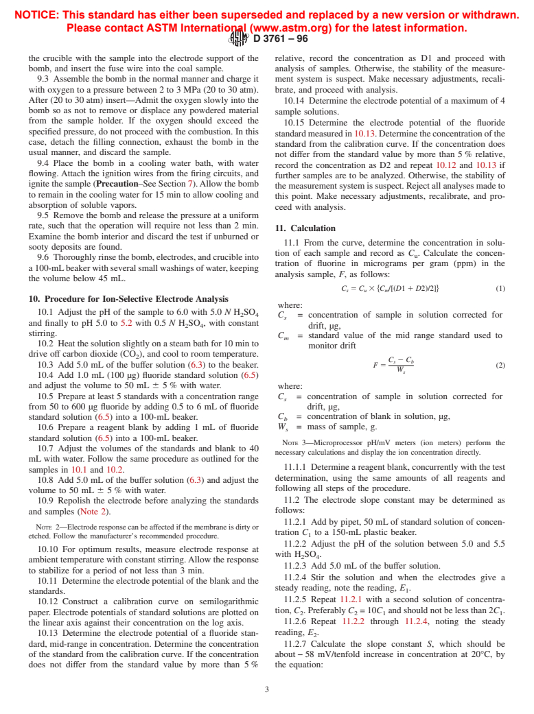 ASTM D3761-96 - Standard Test Method for Total Fluorine in Coal by the Oxygen Bomb Combustion/Ion Selective Electrode Method