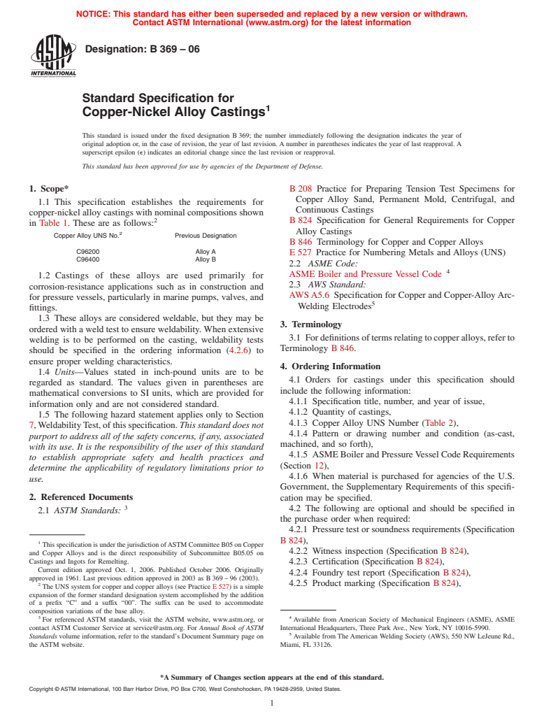 ASTM B369-06 - Standard Specification for Copper-Nickel Alloy Castings