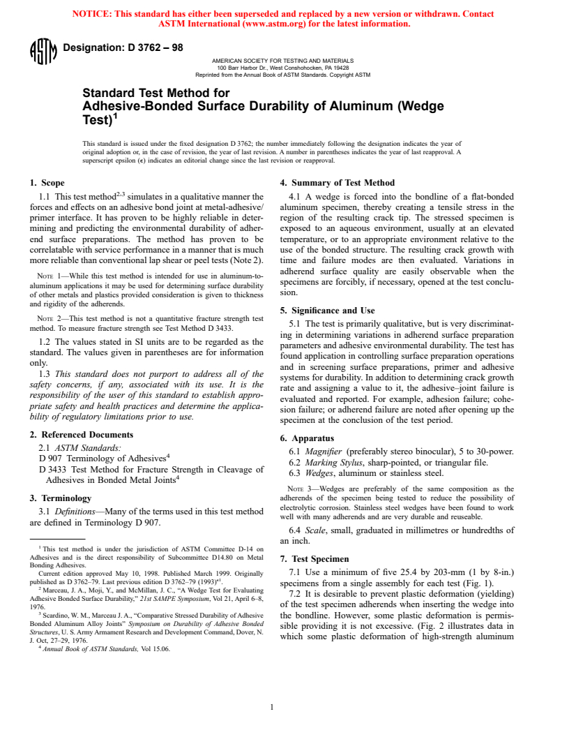 ASTM D3762-98 - Standard Test Method for Adhesive-Bonded Surface Durability of Aluminum (Wedge Test)