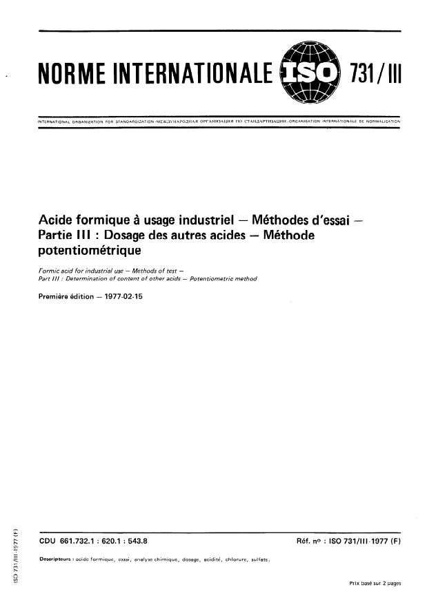 ISO 731-3:1977 - Acide formique a usage industriel -- Méthodes d'essai