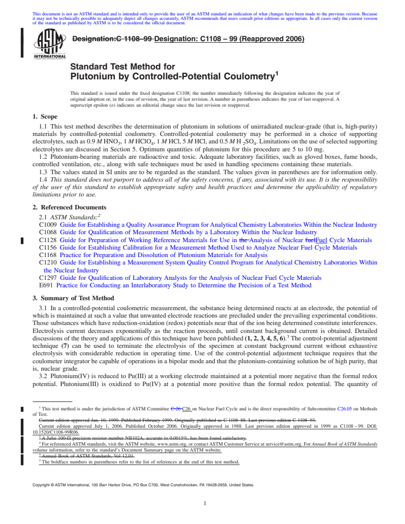 REDLINE ASTM C1108-99(2006) - Standard Test Method for Plutonium by Controlled-Potential Coulometry