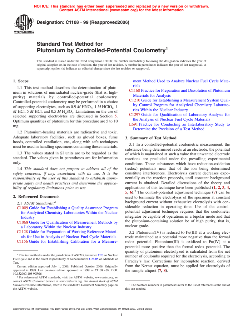 ASTM C1108-99(2006) - Standard Test Method for Plutonium by Controlled-Potential Coulometry