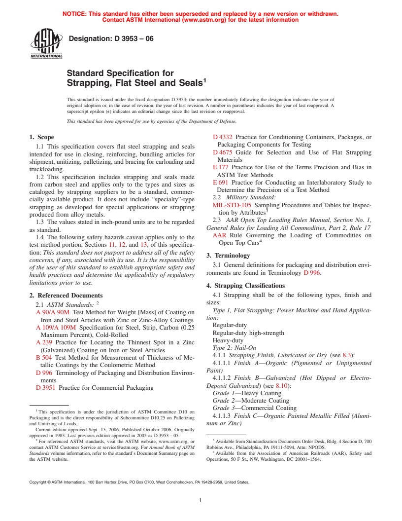 ASTM D3953-06 - Standard Specification for Strapping, Flat Steel and Seal