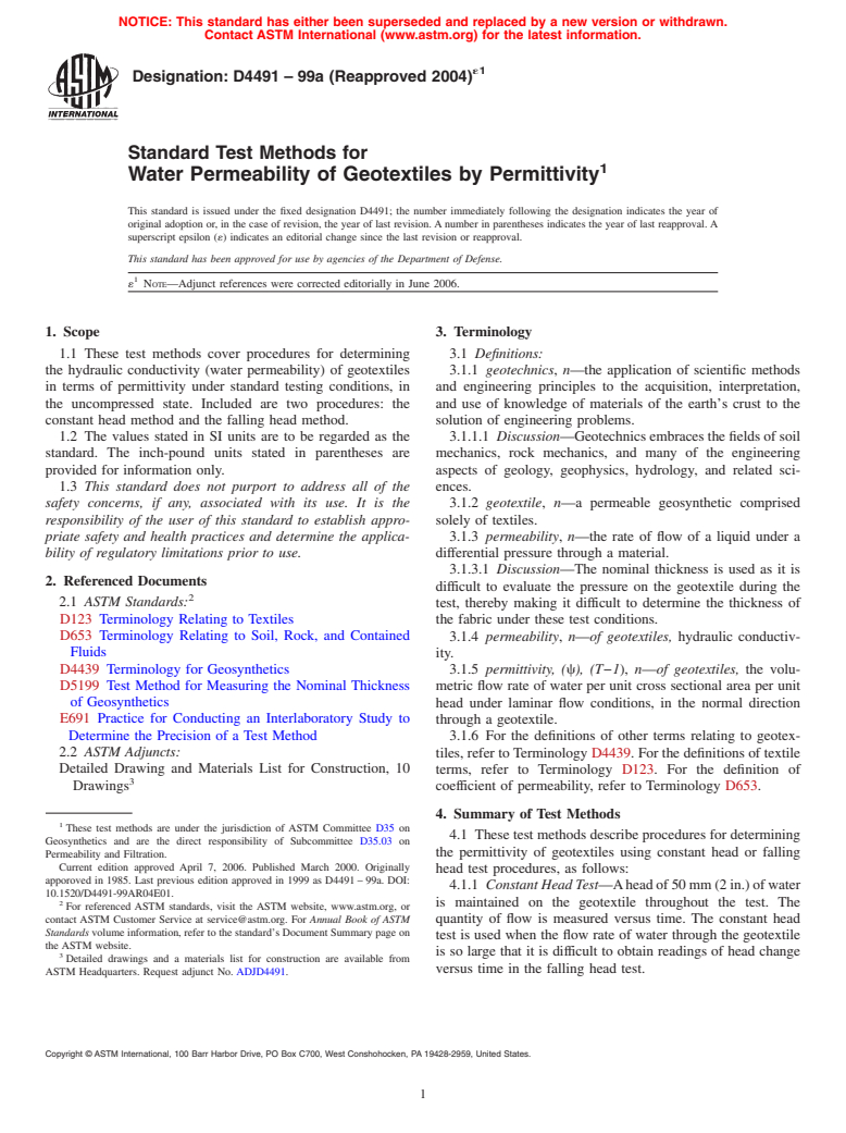 ASTM D4491-99a(2004)e1 - Standard Test Methods for Water Permeability of Geotextiles by Permittivity