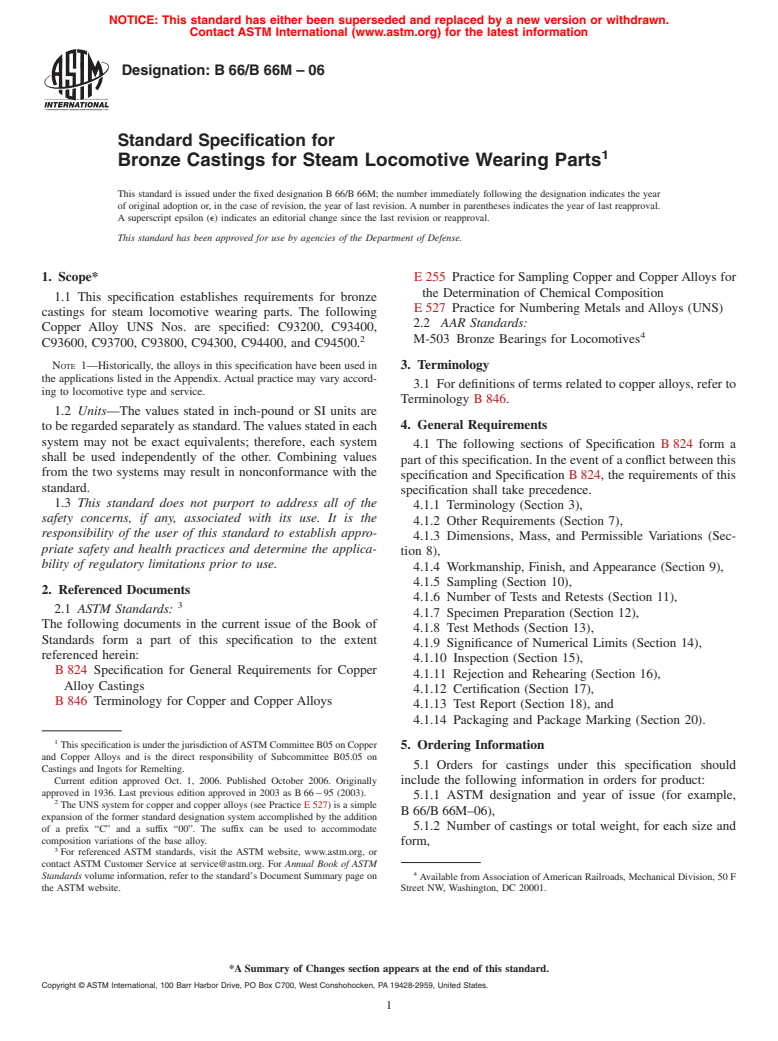 ASTM B66/B66M-06 - Standard Specification for Bronze Castings for Steam Locomotive Wearing Parts