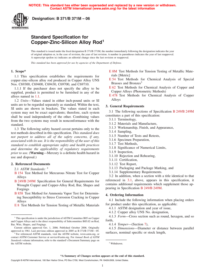 ASTM B371/B371M-06 - Standard Specification for Copper-Zinc-Silicon Alloy Rod