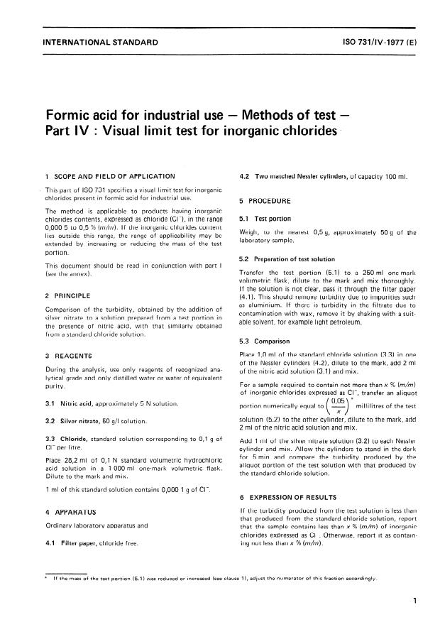 ISO 731-4:1977 - Formic acid for industrial use -- Methods of test