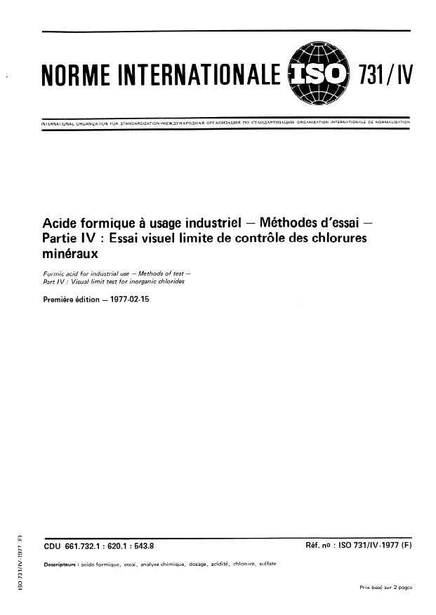 ISO 731-4:1977 - Acide formique a usage industriel -- Méthodes d'essai