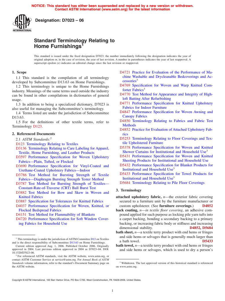 ASTM D7023-06 - Standard Terminology Relating to Home Furnishings