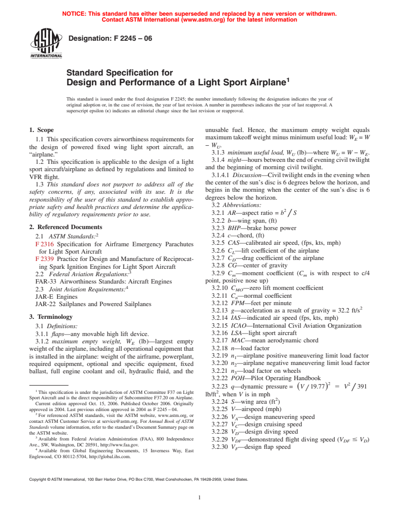ASTM F2245-06 - Standard Specification for Design and Performance of a Light Sport Airplane