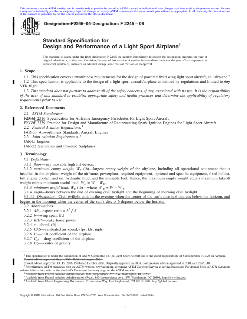 REDLINE ASTM F2245-06 - Standard Specification for Design and Performance of a Light Sport Airplane