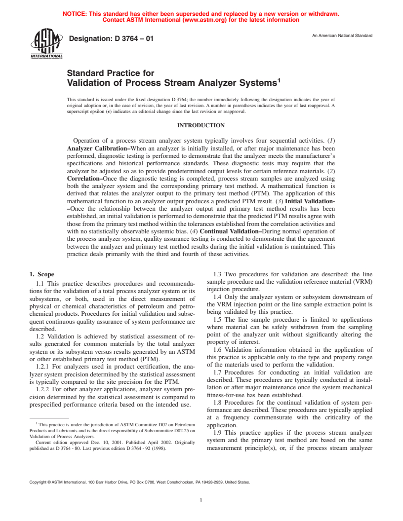 ASTM D3764-01 - Standard Practice for Validation of Process Stream Analyzer Systems