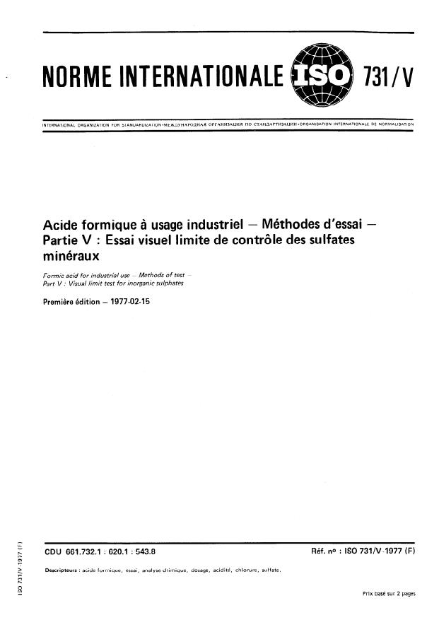 ISO 731-5:1977 - Acide formique a usage industriel -- Méthodes d'essai