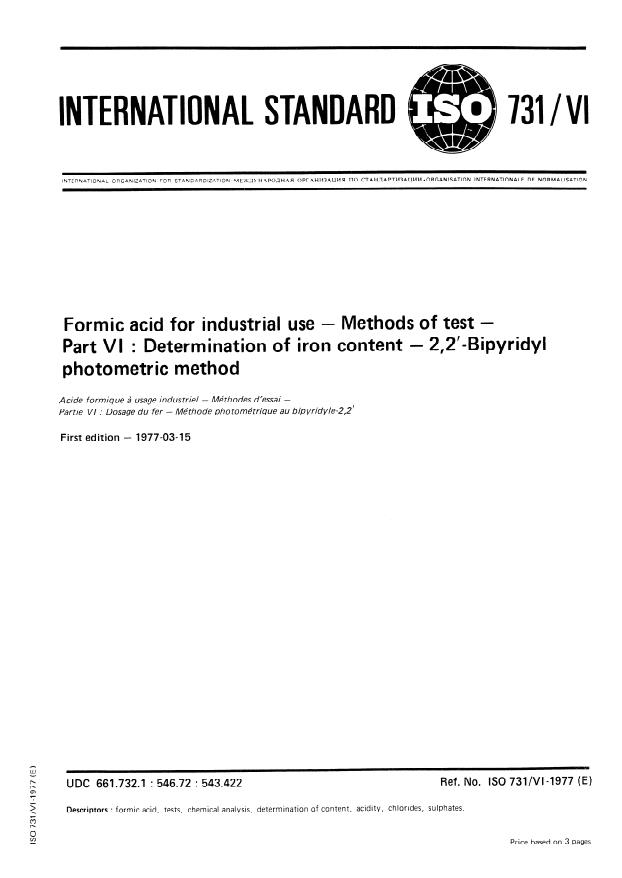 ISO 731-6:1977 - Formic acid for industrial use -- Methods of test