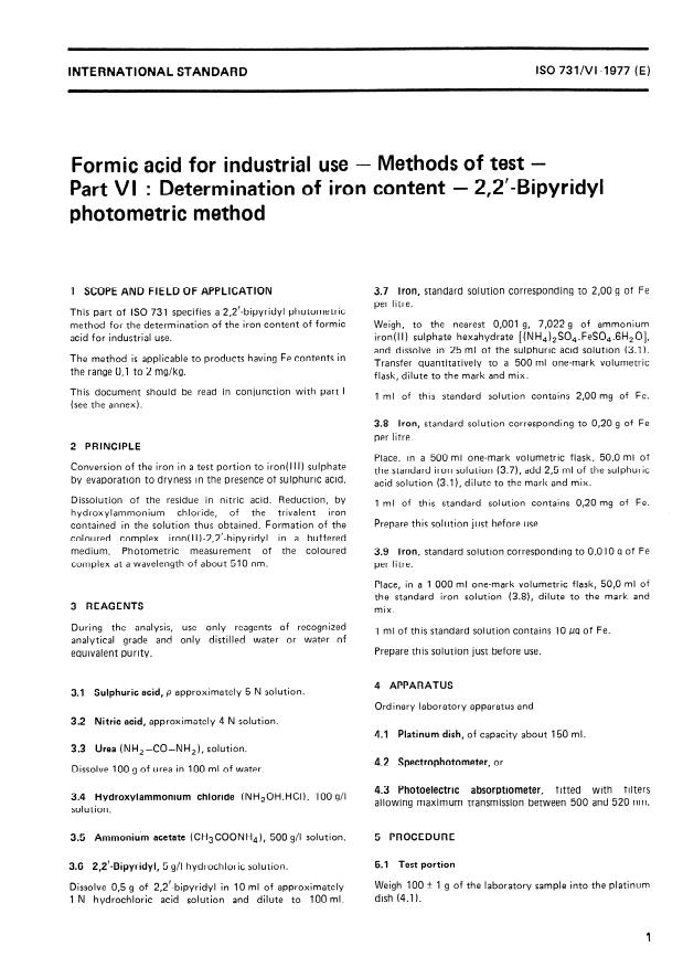 ISO 731-6:1977 - Formic acid for industrial use -- Methods of test