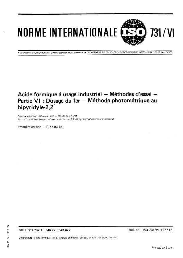 ISO 731-6:1977 - Acide formique a usage industriel -- Méthodes d'essai