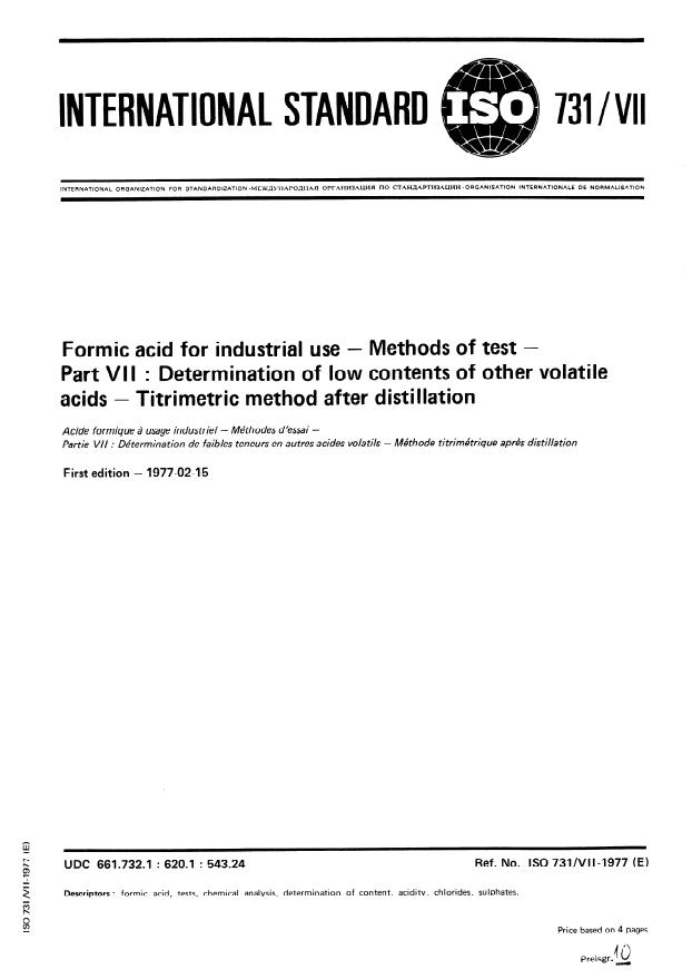 ISO 731-7:1977 - Formic acid for industrial use -- methods of test