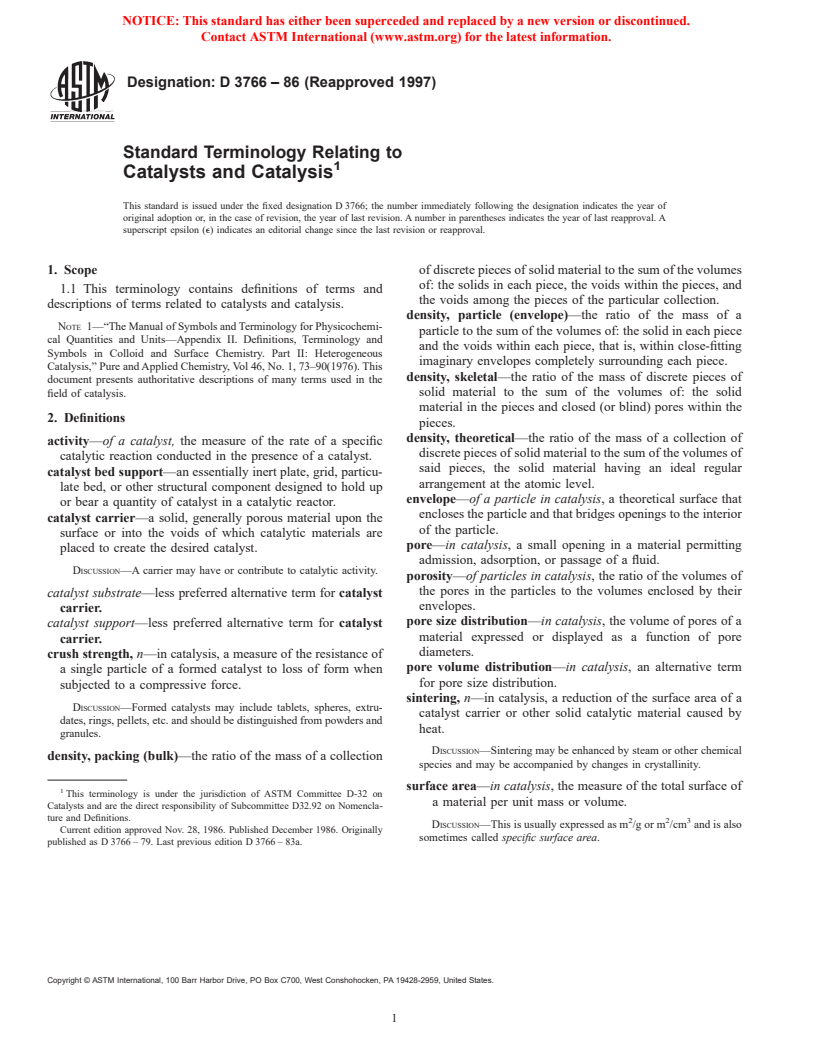 ASTM D3766-86(1997) - Standard Terminology Relating to Catalysts and Catalysis