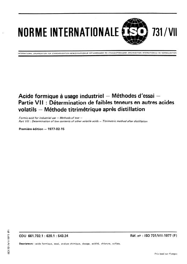 ISO 731-7:1977 - Acide formique a usage industriel -- Méthodes d'essai