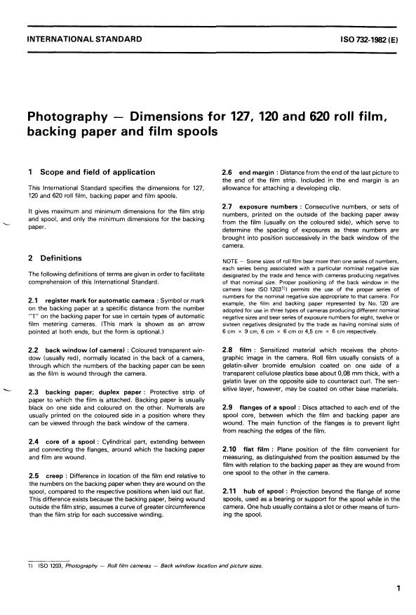 ISO 732:1982 - Photography -- Dimensions for 127, 120 and 620 roll film, backing paper and film spools