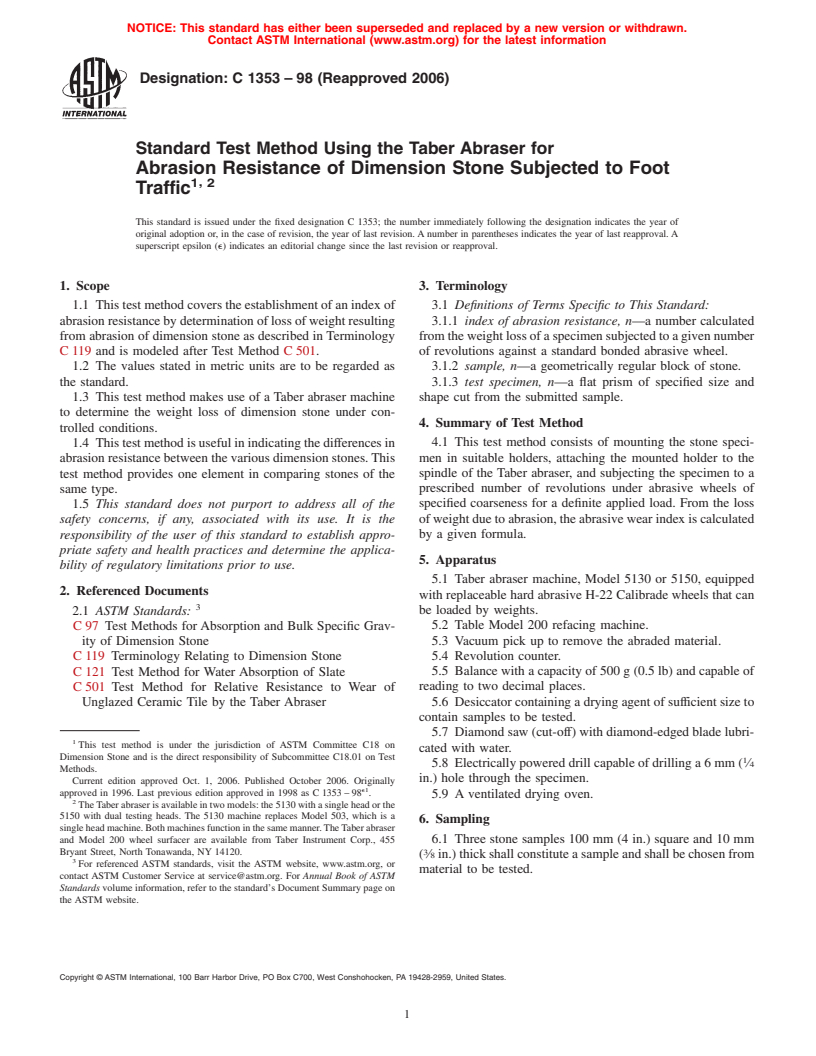 ASTM C1353-98(2006) - Standard Test Method Using the Taber Abraser for Abrasion Resistance of Dimension Stone Subjected to Foot Traffic