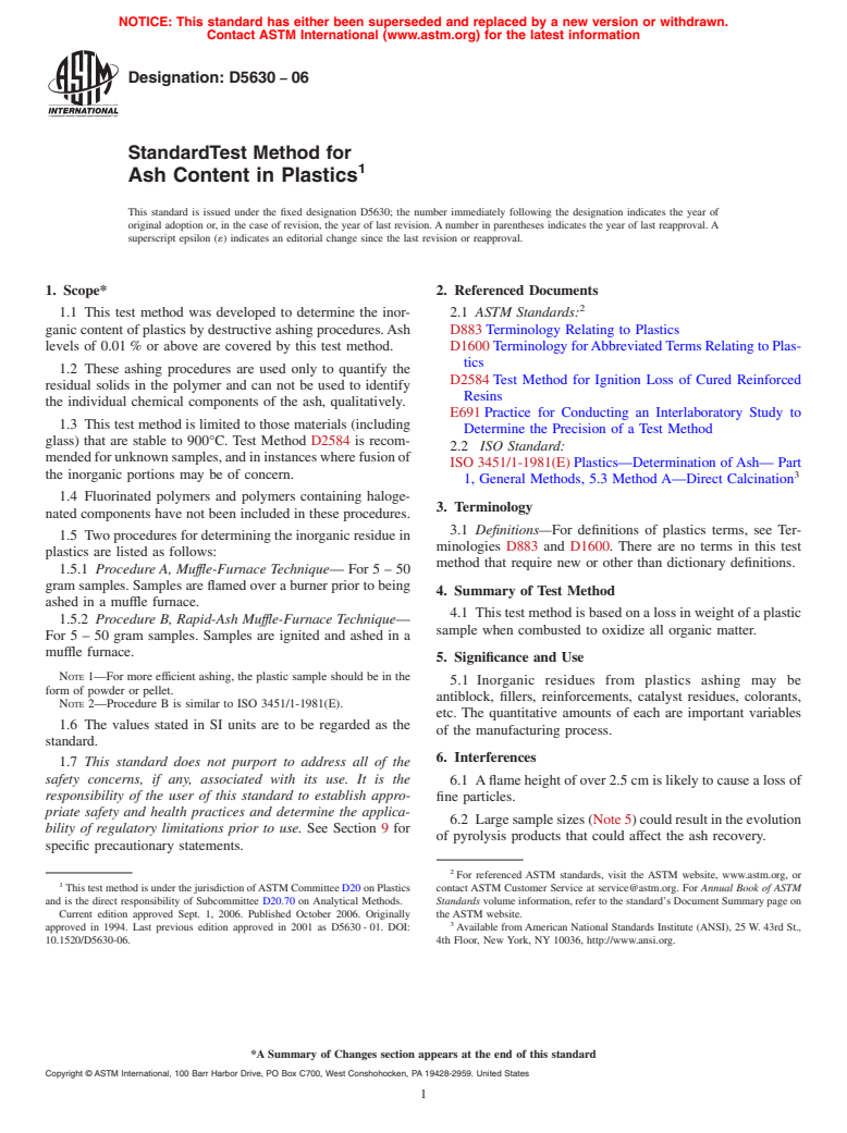 ASTM D5630-06 - Standard Test Method for Ash Content in Plastics