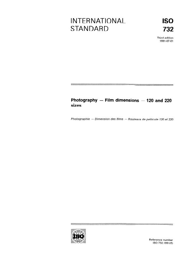 ISO 732:1991 - Photography -- Film dimensions -- 120 and 220 sizes
