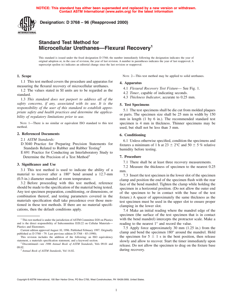 ASTM D3768-96(2000) - Standard Test Method for Microcellular Urethanes--Flexural Recovery