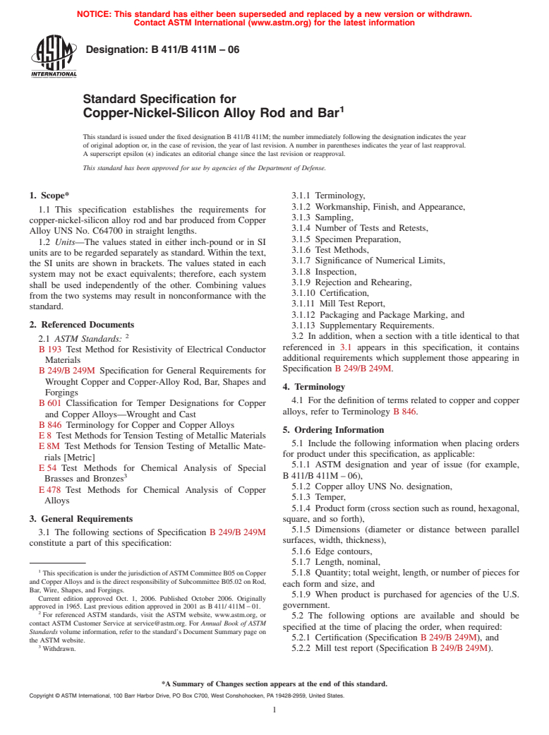 ASTM B411/B411M-06 - Standard Specification for Copper-Nickel-Silicon Alloy Rod and Bar