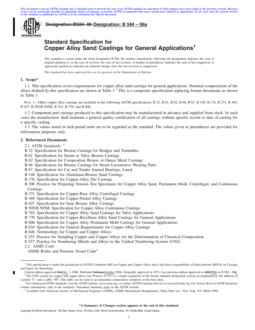 REDLINE ASTM B584-06a - Standard Specification for Copper Alloy Sand Castings for General Applications