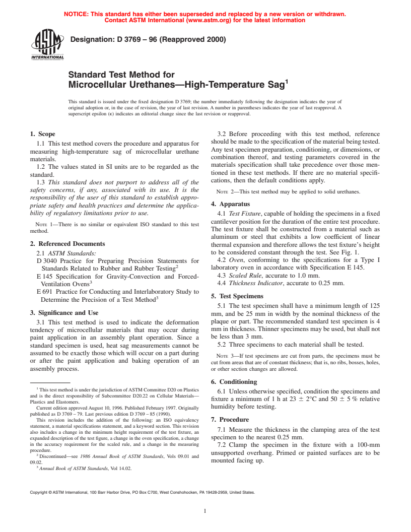 ASTM D3769-96(2000) - Standard Test Method for Microcellular Urethanes--High Temperature Sag