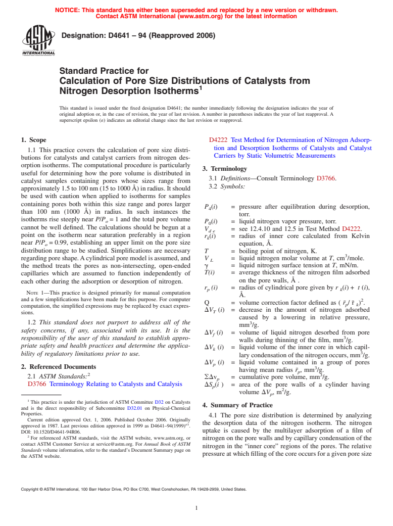 ASTM D4641-94(2006) - Standard Practice for Calculation of Pore Size Distributions of Catalysts from Nitrogen Desorption Isotherms