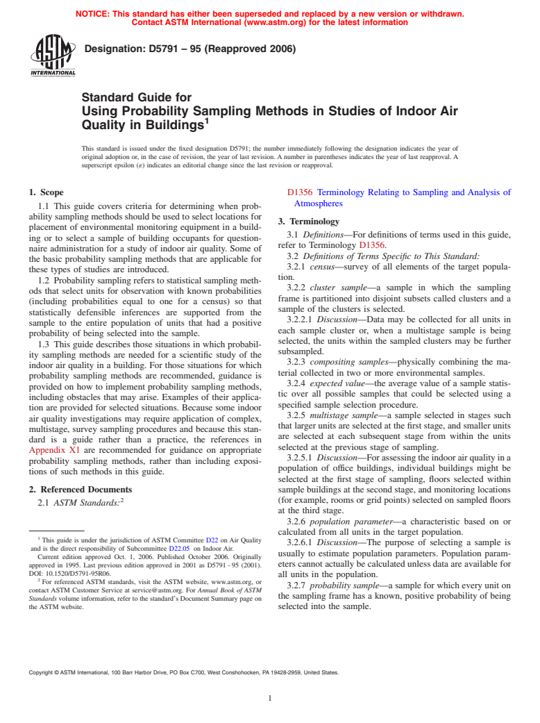 ASTM D5791-95(2006) - Standard Guide for Using Probability Sampling Methods in Studies of Indoor Air Quality in Buildings