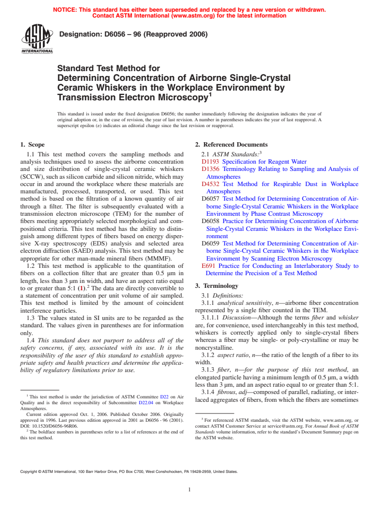 ASTM D6056-96(2006) - Standard Test Method for Determining Concentration of Airborne Single-Crystal Ceramic Whiskers in the Workplace Environment by Transmission Electron Microscopy