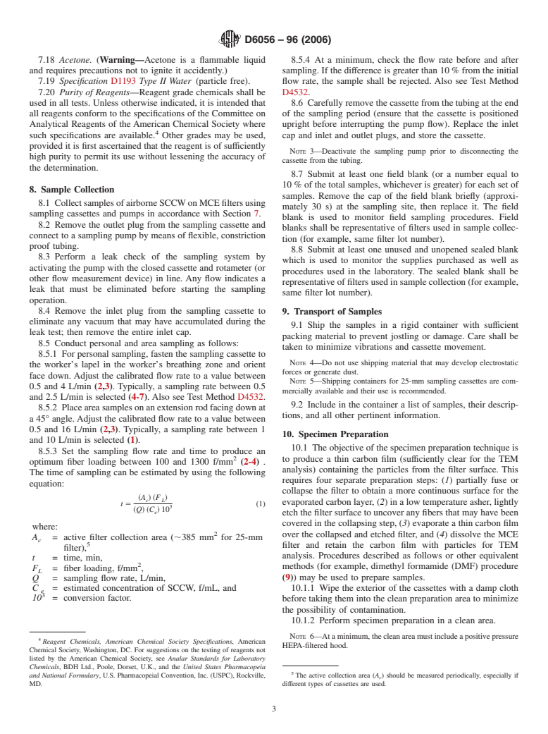 ASTM D6056-96(2006) - Standard Test Method for Determining Concentration of Airborne Single-Crystal Ceramic Whiskers in the Workplace Environment by Transmission Electron Microscopy