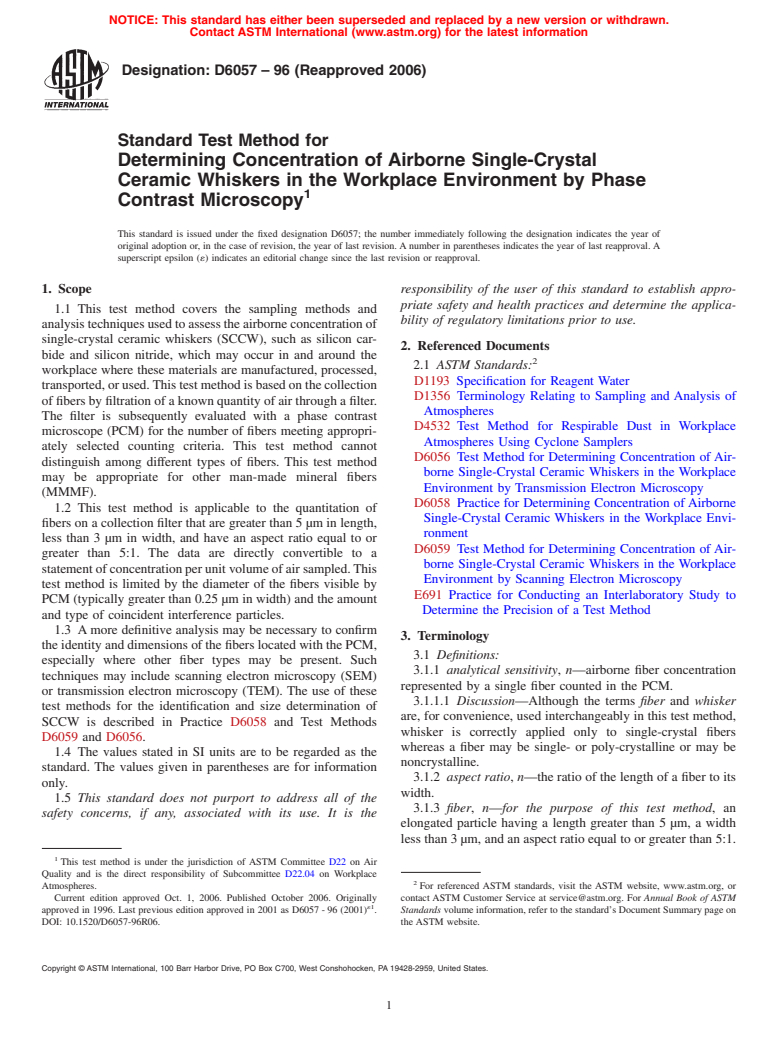 ASTM D6057-96(2006) - Standard Test Method for Determining Concentration of Airborne Single-Crystal Ceramic Whiskers in the Workplace Environment by Phase Contrast Microscopy