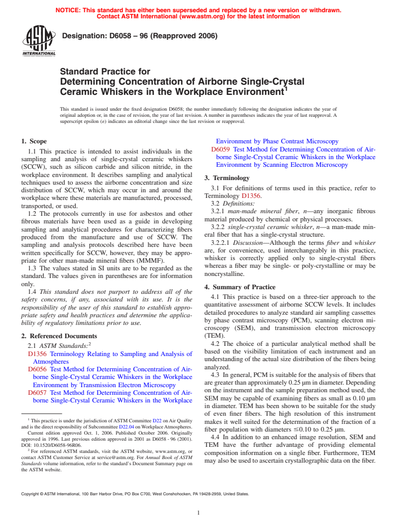 ASTM D6058-96(2006) - Standard Practice for Determining Concentration of Airborne Single-Crystal Ceramic Whiskers in the Workplace Environment